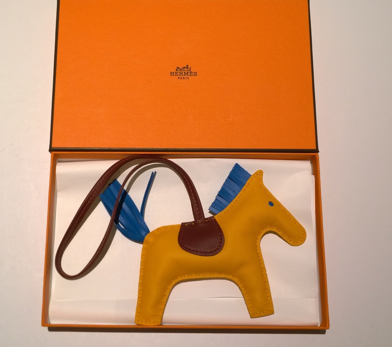 Hermès Rodeo MM Bag Charm in Jaune D'or, Bleu Zanzibar & Rouge H - Genuine Horse Leather Keychain for Luxury Handbags | Perfect for Birkin, Kelly & Designer Bag Decoration