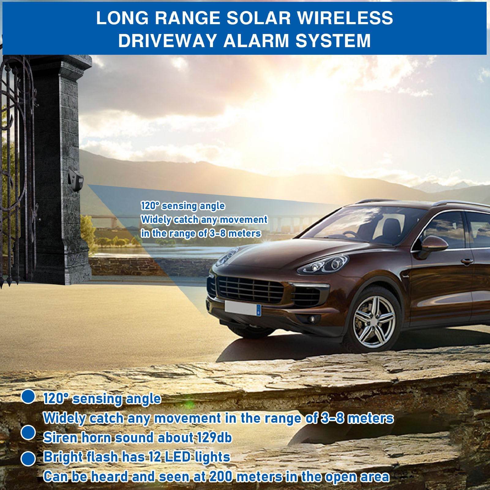 Long Range Solar Wireless Driveway Alarm System - Weatherproof Outdoor Motion Detector with 129dB Siren & LED Alert - Home Security for Yard, Garage, Farm & Property Protection (Ideal for Driveways, Backyards & Perimeter Security)