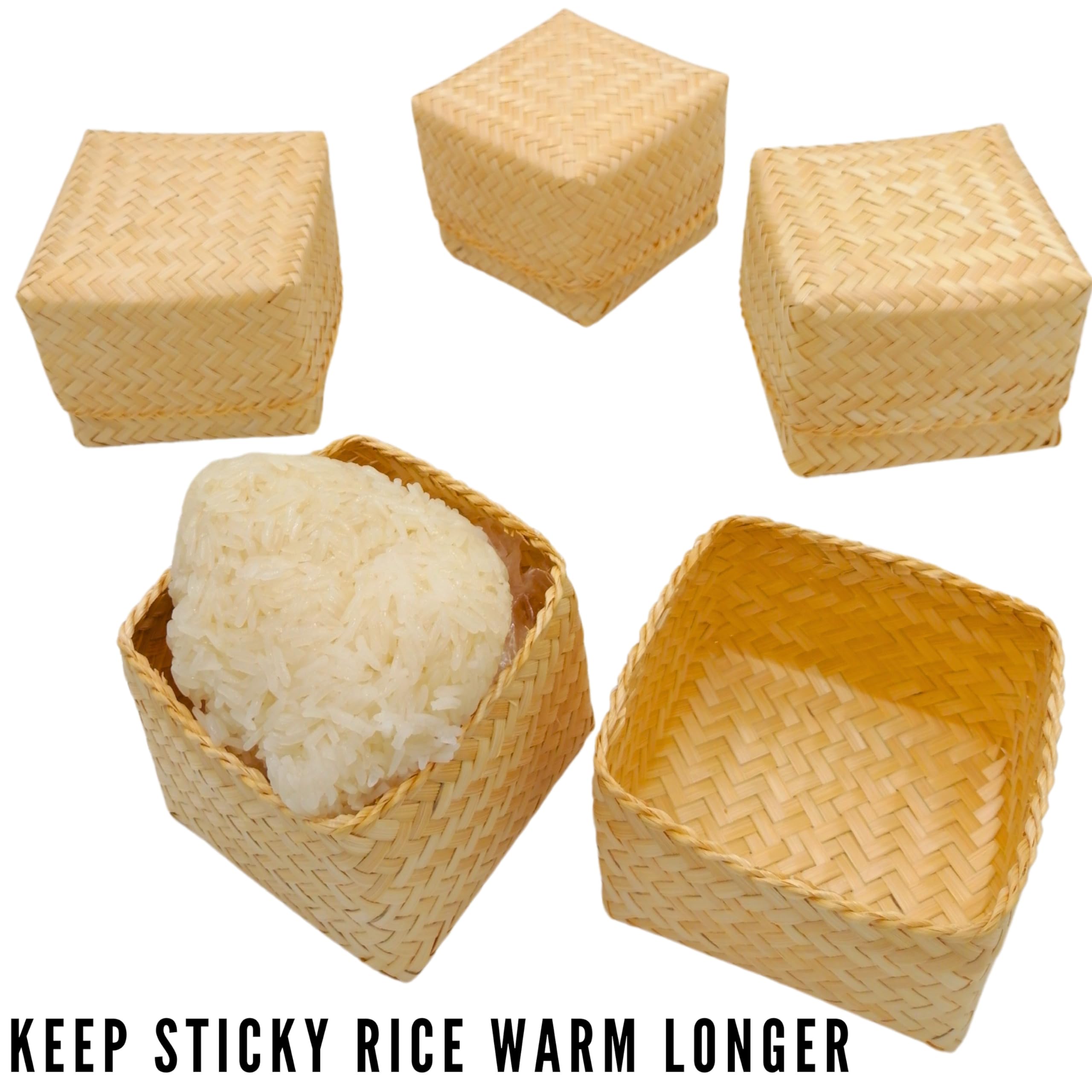 Premium 3.5 Inch Bamboo Sticky Rice Basket - Authentic Thai Handmade Kratip Steamer for Sticky Rice - Natural Kratib Container for Home & Restaurant Use - Perfect for Asian Cuisine, Party Serving, and Traditional Food Presentation (Pack of 4)