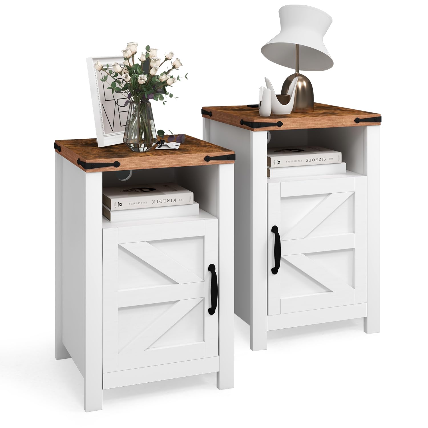 OneinMil 2-Piece Farmhouse End Table Set with USB Charging Station & Barn Door Storage - Nightstand, Sofa Side Table for Living Room, Bedroom - Perfect for Small Spaces & Home Office - White