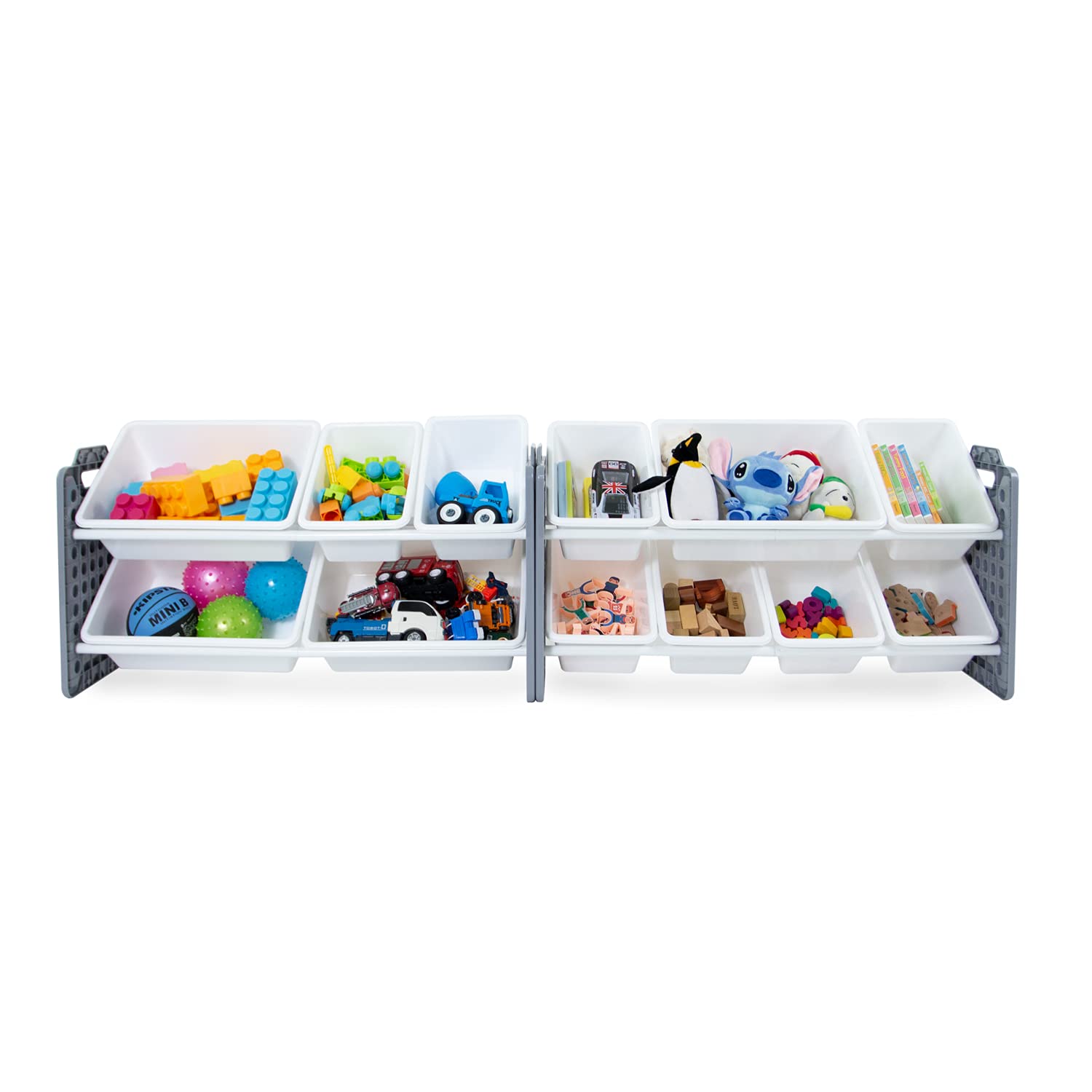 UNiPLAY 12-Bin Toy Organizer with Removable Storage Bins - Kids Bookshelf & Playroom Organizer for LEGO Blocks, School Supplies, Toys - Sturdy Baseplate Frame (Gray) - Perfect for Playrooms, Classrooms & Home Organization