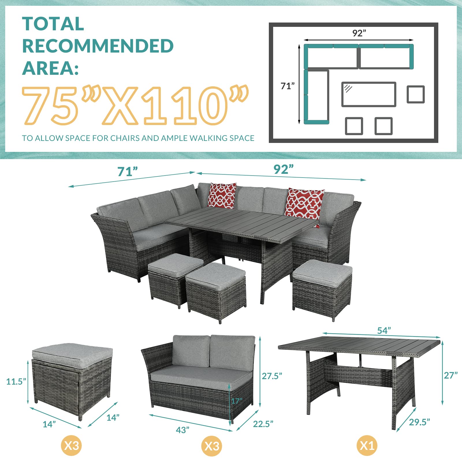 MEETWARM 7-Piece All-Weather Wicker Patio Furniture Set - Outdoor Rattan Sectional Sofa with Ottoman, Coffee Table & Chairs - Gray Conversation Set for Garden, Poolside & Backyard Relaxation