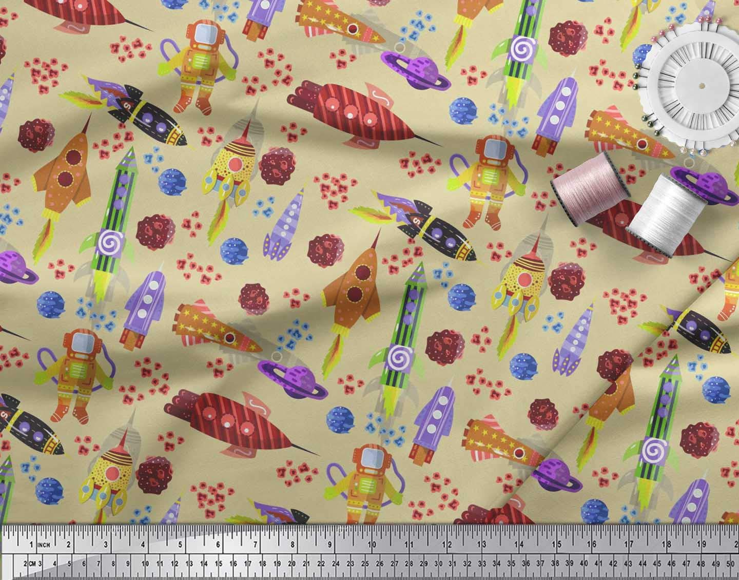 Soimoi Georgette Viscose Beige Fabric by The Yard - 42 Inch Wide Rocket Planet Astronaut Cartoon Print Space-Themed Fabric for DIY Dresses, Curtains & Home Decor - Galactic Adventures Design