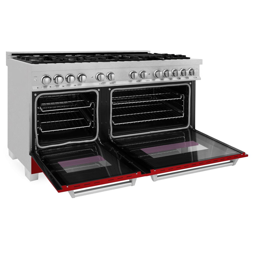 ZLINE 60-inch 7.4 cu. ft. Legacy Dual Fuel Range - 9 Burner Gas Cooktop & 2 Electric Convection Ovens - Satin Stainless Steel with Red Gloss Doors (RAS RG 60) - Perfect for Professional Home Chefs & Modern Kitchens