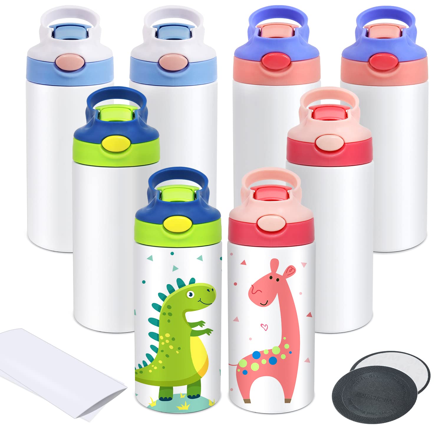 Mocaru 12oz Stainless Steel Kids Sippy Cup with Leak-Proof Straw Lid - Insulated Toddler Water Bottle with Handle - 8 Pack Sublimation Ready Tumbler Cups for Daycare, School & Outdoor Activities
