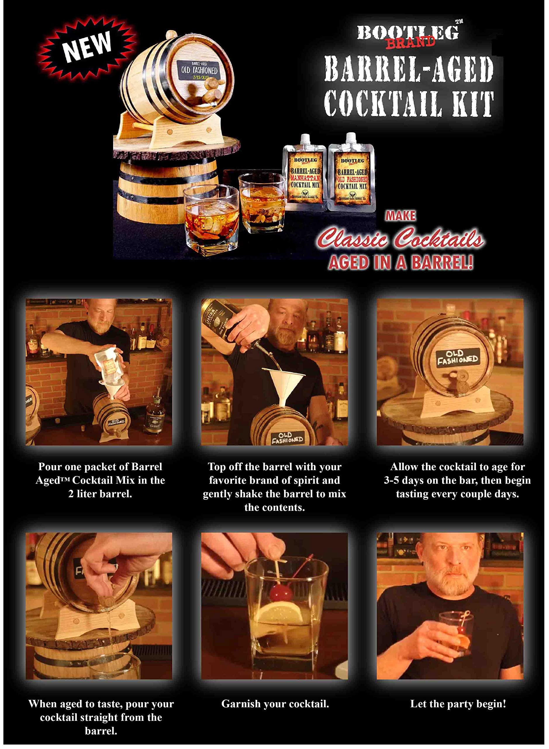 2L Whiskey Barrel Cocktail Aging Kit - Mini Oak Bourbon Barrel with Chalkboard Front, Stand, Spigot & Cocktail Mix - Perfect for Home Bar, Whiskey Making & Unique Gifts for Men - DIY Cocktail Infusion & Bourbon Aging Set for Whiskey Lovers