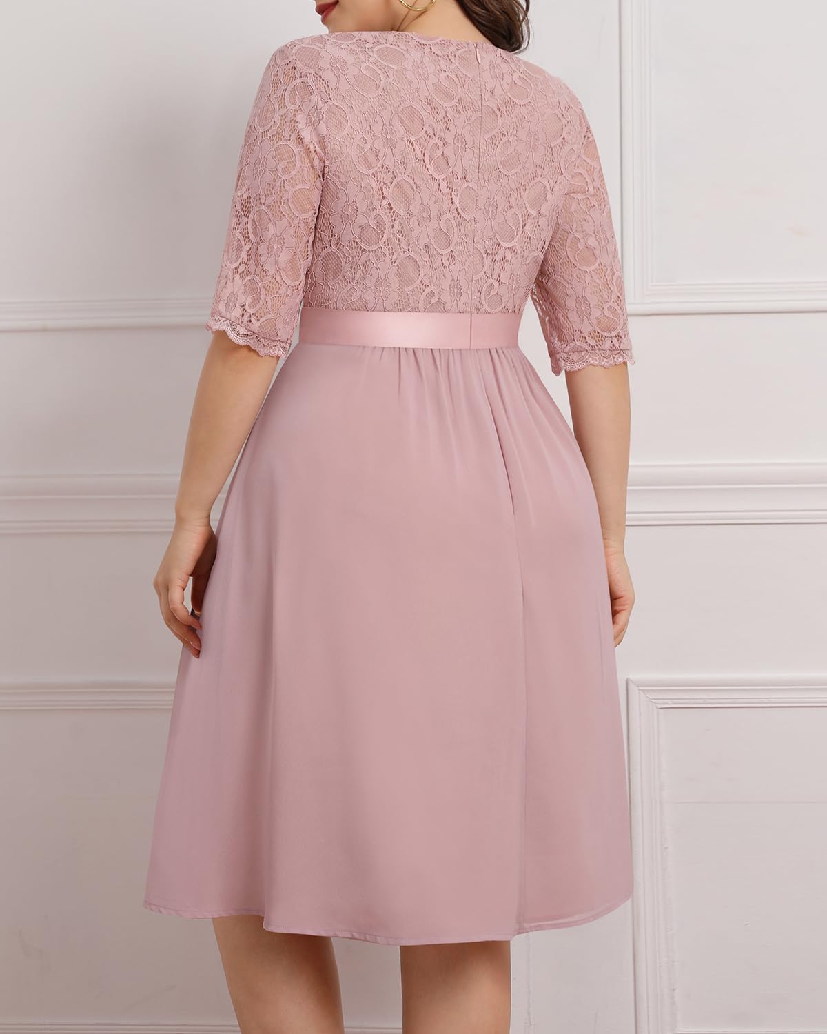 Plus Size Lace Chiffon Wrap V-Neck Midi Dress for Women | Elegant Cocktail & Wedding Guest Dress | Perfect for Parties, Date Nights & Special Occasions