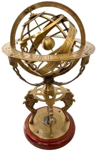 Antique Brass 18-Inch Armillary Globe with Compass Engraving on Wooden Base - Vintage Celestial Sphere for Home Office Decor, Astronomy Study & Gift Idea