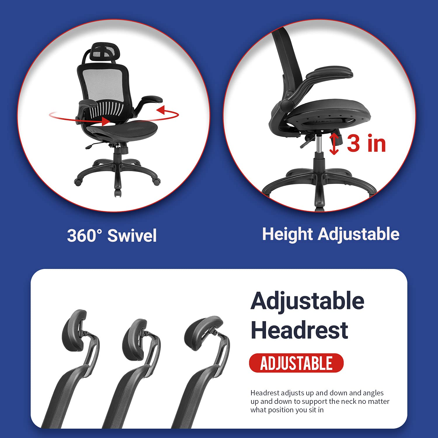 Ergonomic Office Chair with Lumbar Support & Headrest - Adjustable High Back Mesh Computer Desk Chair with Flip-Up Arms for Men & Women - Ideal for Home Office, Gaming & Workspaces - Black