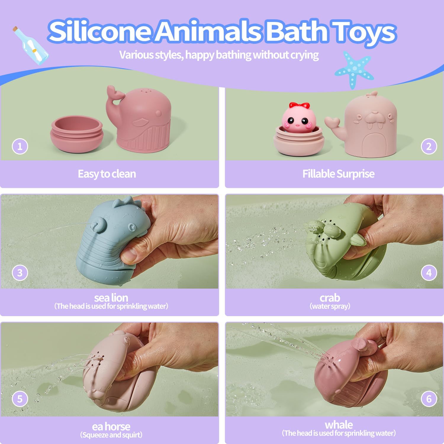 14 PCS Silicone Baby Bath Toys with Rubber Animal Finger Puppets - Safe, Easy to Clean Water Toys for Toddlers | Perfect Gift for Preschool Boys & Girls | Fun Bathtime Play & Early Learning