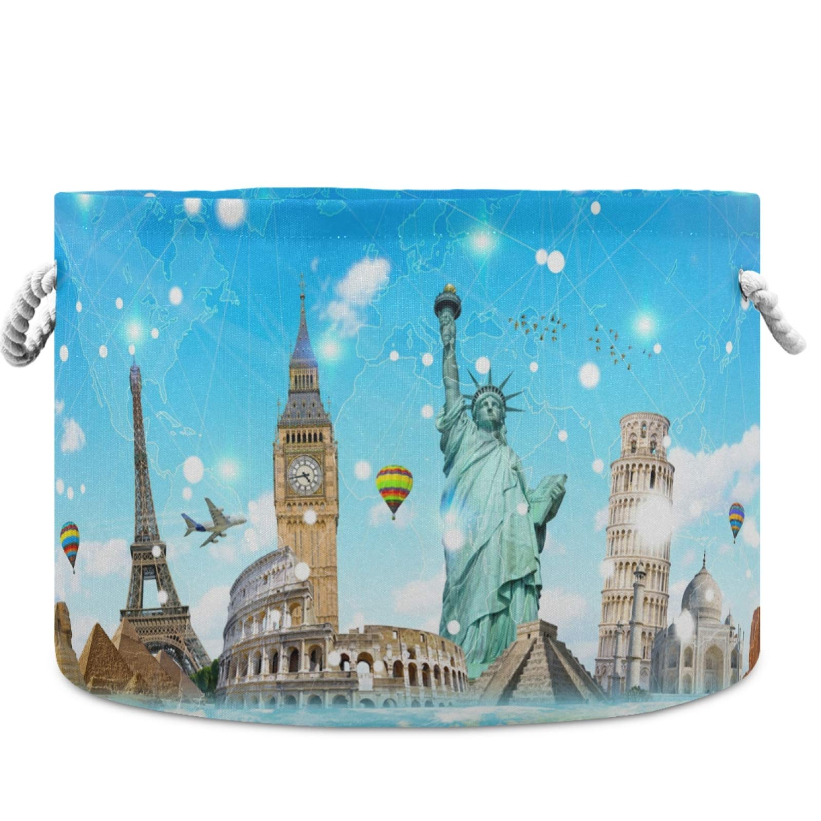 Visesunny Collapsible Storage Basket - World Landmarks Themed Nursery Hamper for Clothes, Toys & Laundry | Organizer Bin for Kids Room, Playroom, Bathroom, Living Room, Dorm & Office | Perfect for Home Organization & Space Saving