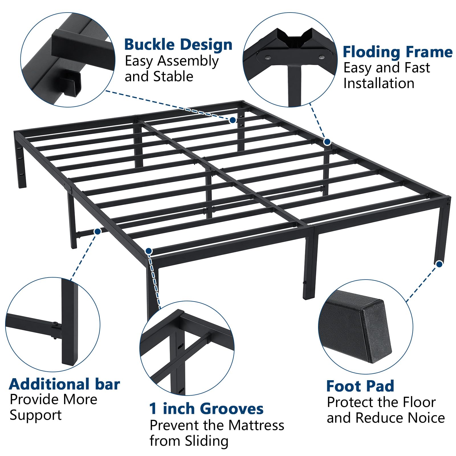 14 Inch Queen Size Bed Frame with Storage - Heavy Duty Metal Platform Bedframe, No Box Spring Needed, Steel Slat Anti-Slip Support, Easy Quick Lock Assembly (Black) - Perfect for Small Bedrooms, Guest Rooms & Apartments