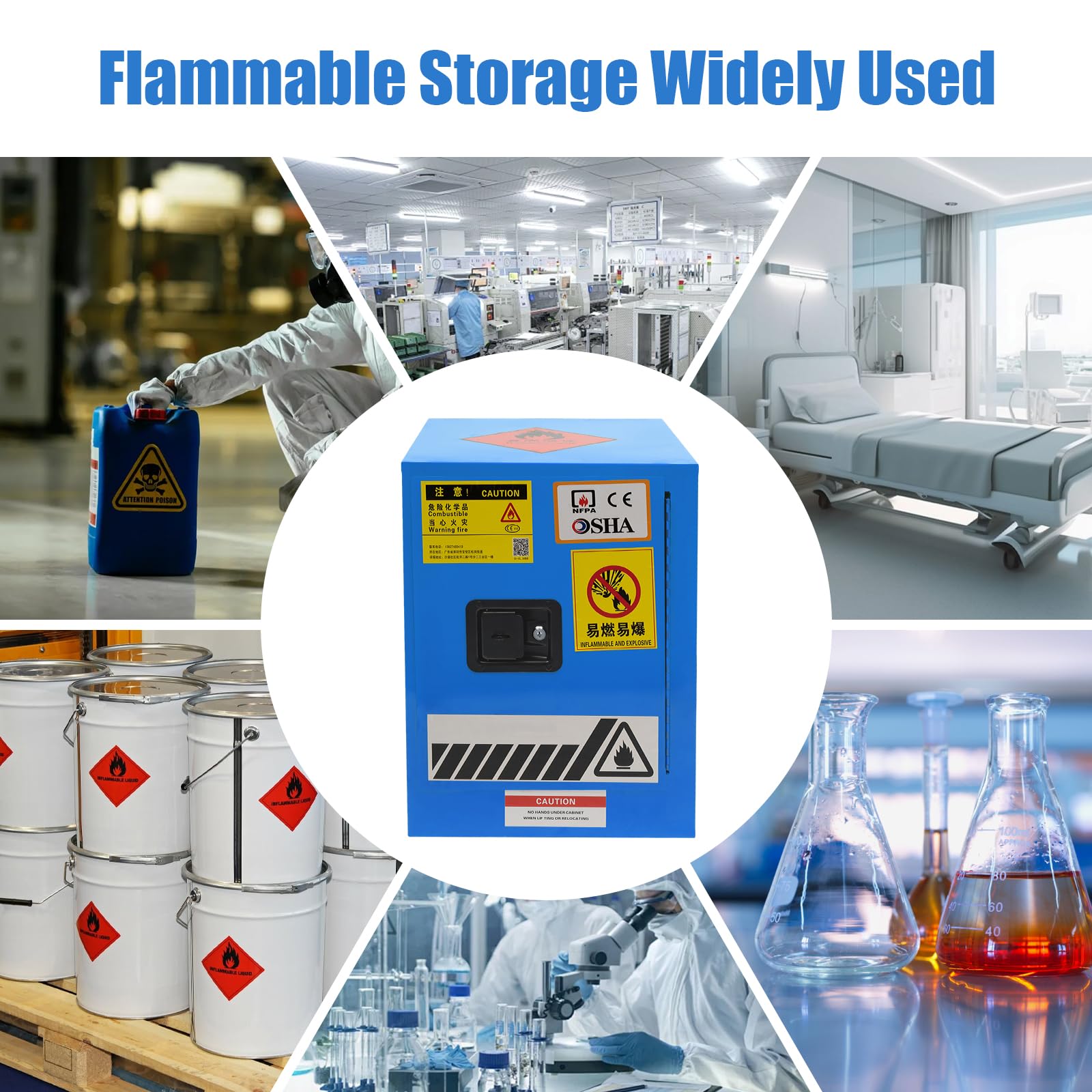 4 Gallon Hazardous Material Storage Cabinet - Fireproof & Explosion Proof Safety Cabinet for Gasoline, Chemicals | Commercial, Industrial & Home Use | Garage, Workshop, Laboratory Safety Storage (Blue)
