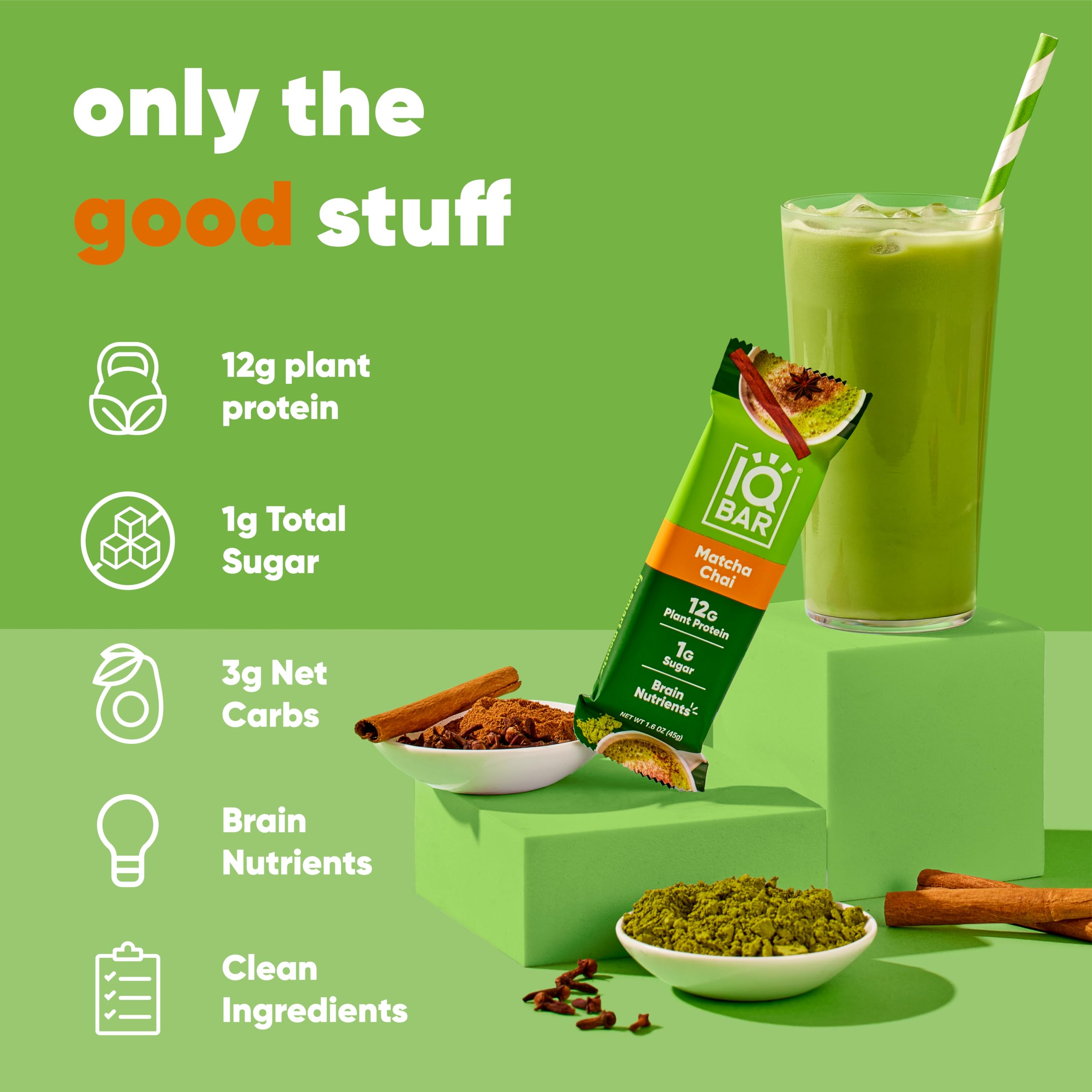 IQBAR Brain and Body Plant Protein Bars - Matcha Chai Flavor - 12 Pack Low Carb Vegan Snacks | Gluten Free, High Fiber, Keto Friendly | Healthy Meal Replacement for Workout, Travel & On-the-Go Energy Boost