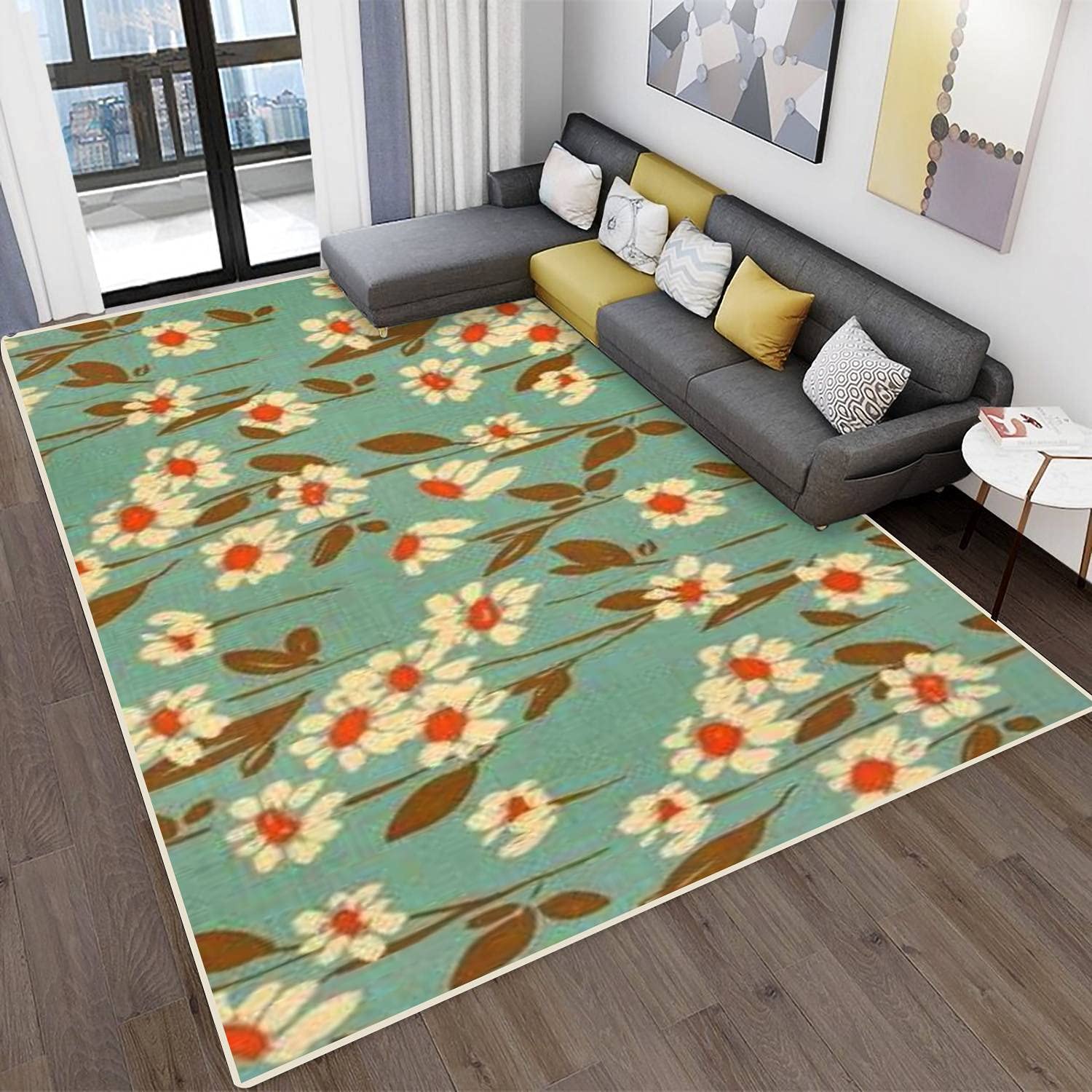 Vintage Floral Area Rugs - Non-Slip Stain Resistant Abstract Carpet for Living Room, Bedroom & Outdoor Decor | Bold Colors Seamless Pattern Modern Home Mat