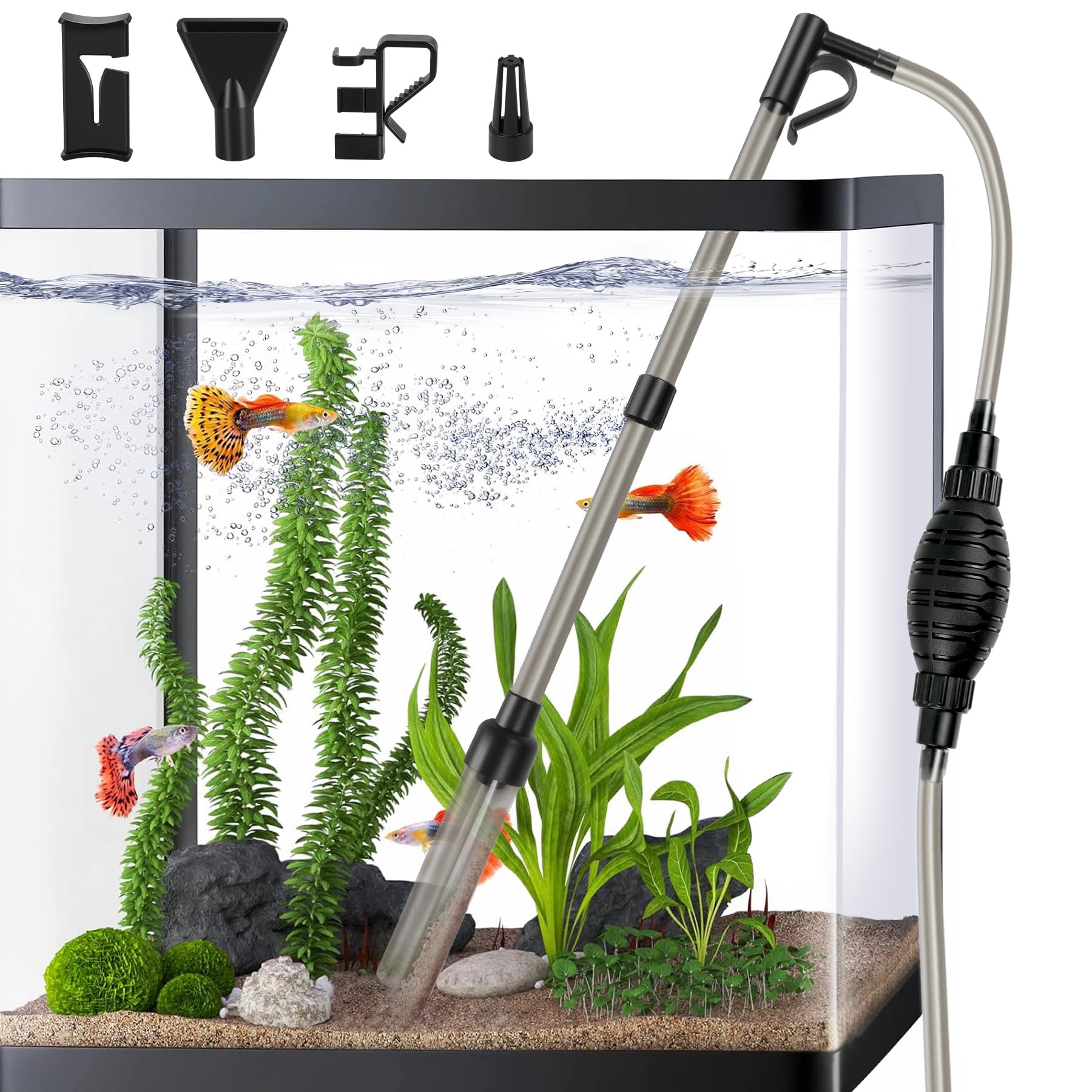 4 in 1 Aquarium Gravel Cleaner - Fish Tank Vacuum Siphon with Water Flow Clamp for Easy Water Changes, Sand Washing & Dirt Removal | Perfect for Freshwater & Saltwater Tanks, Home & Office Aquariums
