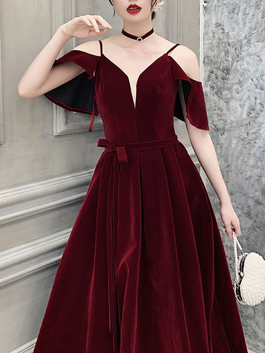 Elegant Burgundy Off Shoulder Velvet Long Prom Dress - Formal Evening Gown for Women | Perfect for Homecoming, Wedding Guest, and Special Occasions