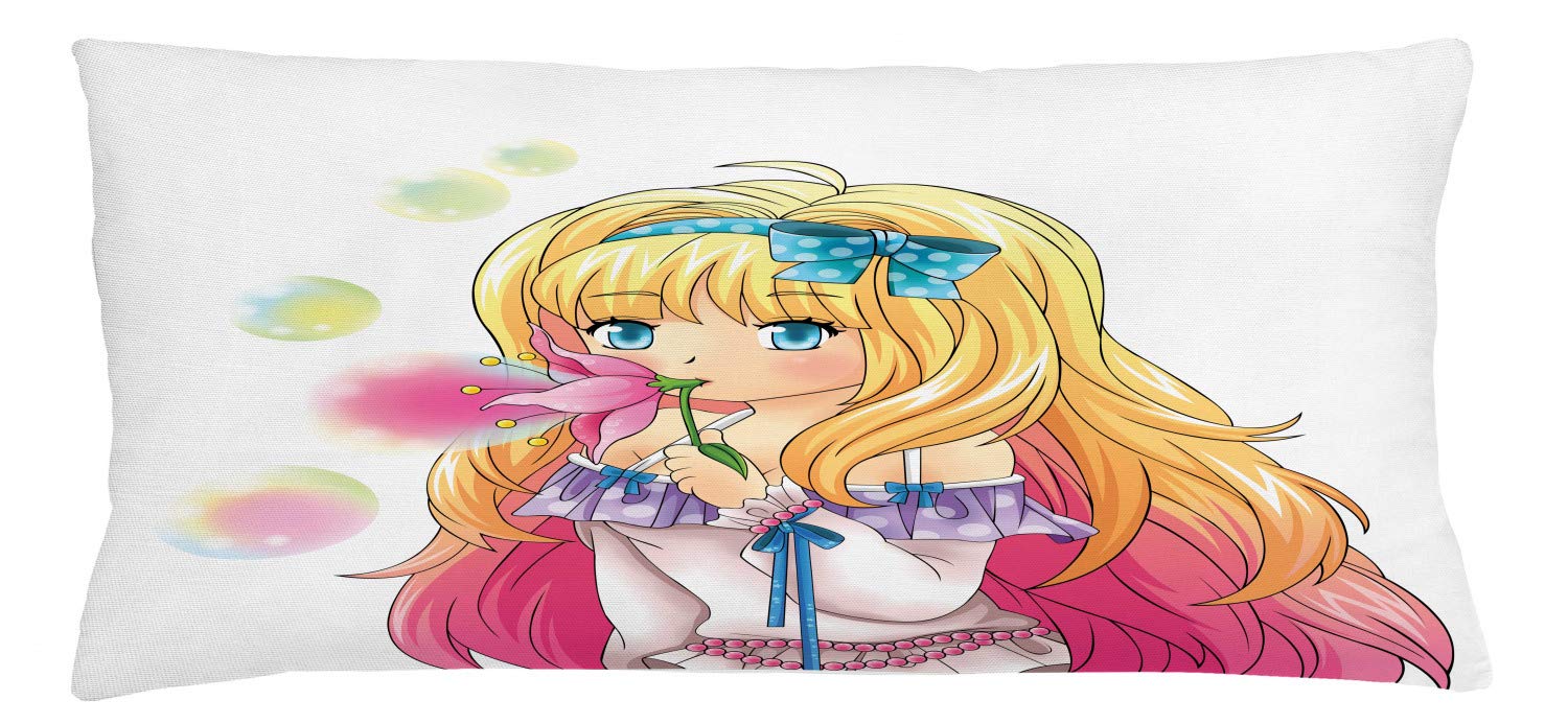 Ambesonne Anime Throw Pillow Cover 36x16 Inches - Japanese Manga Girl Blowing Bubbles from Flower Cartoon Art Print - Pink & Yellow Decorative Rectangle Accent Pillow Case for Living Room, Bedroom, or Anime Themed Decor
