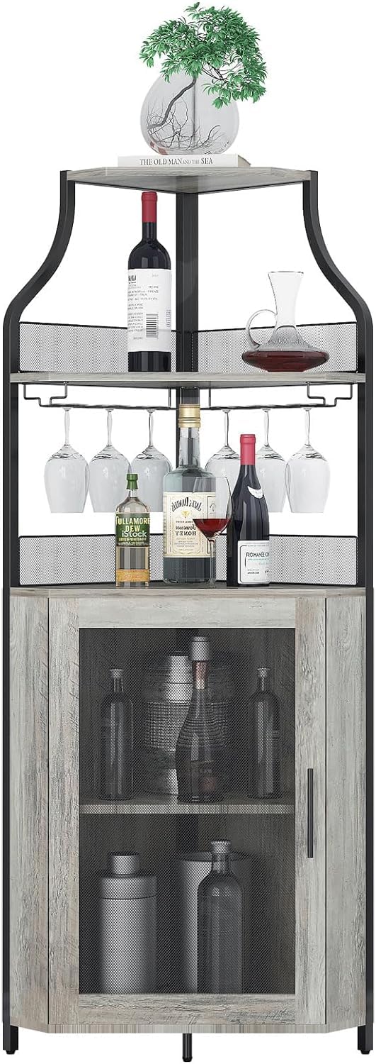 IDEALHOUSE 4-Tier Corner Wine Bar Cabinet with Large Storage Space, Detachable Wine Rack, Glass Holder & Mesh Door - Perfect for Home Bar, Dining Room or Living Room Decor (Grey)