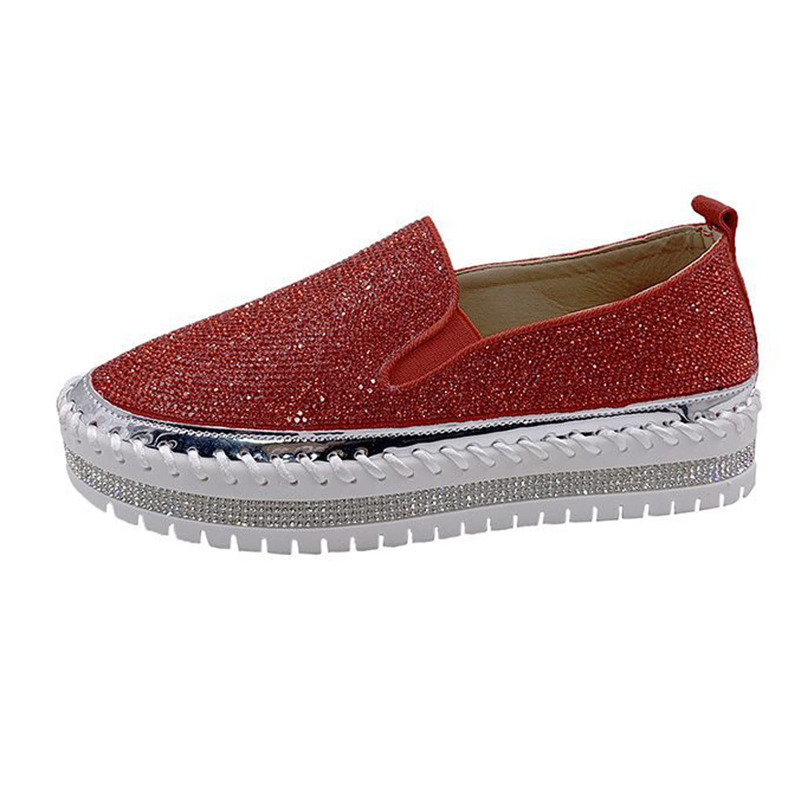 Women's Platform Slip-On Sneakers - Round Toe Low Cut Thick Sole Rhinestone Casual Shoes for Walking, Skating & Everyday Wear | Comfortable & Stylish Flats for Women