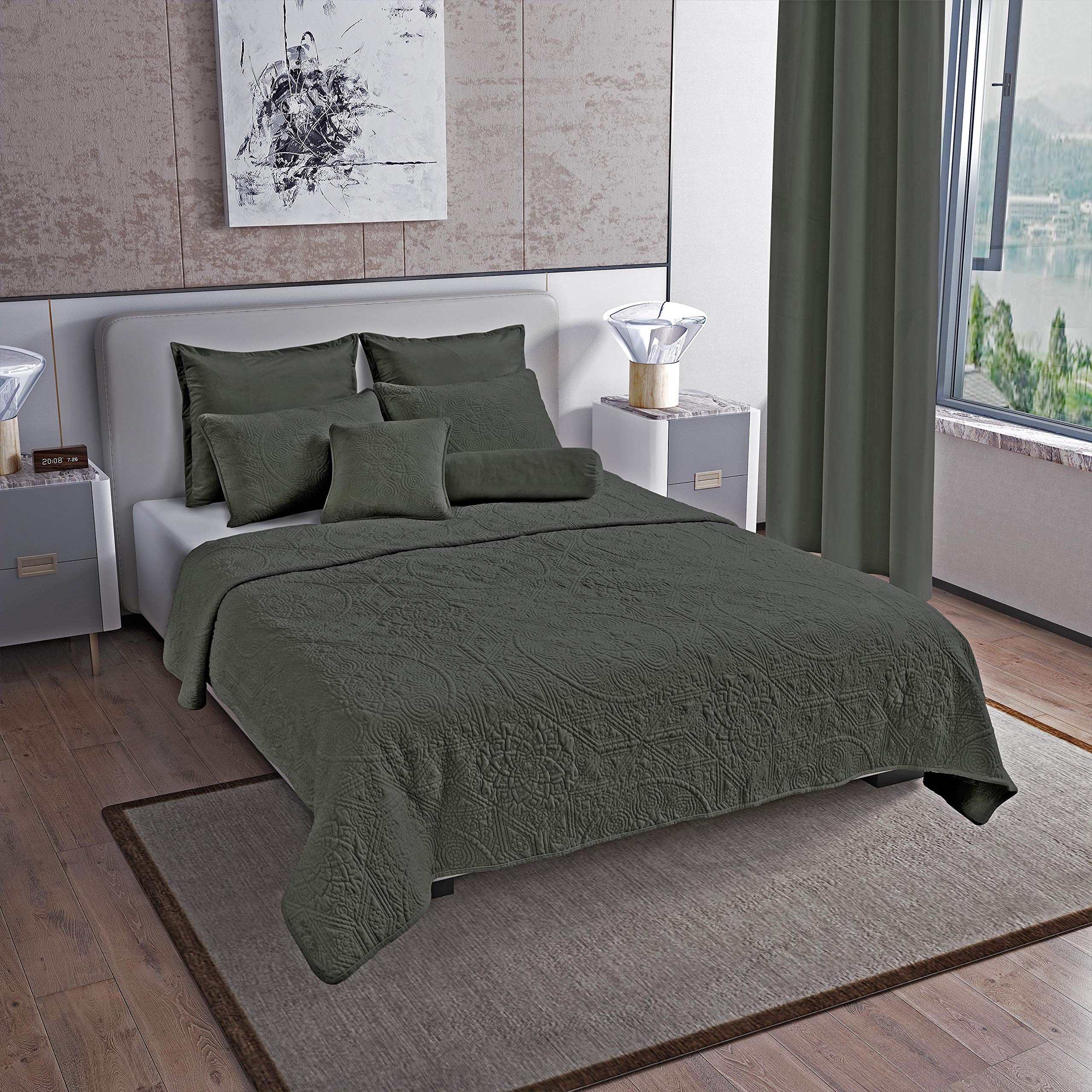 Luxury Velvet Quilt Set 7-Piece King Size - Premium Heavyweight Velvet Bedding with Cotton Backing & Batting - Dark Gray Comforter Set for Master Bedroom Elegance