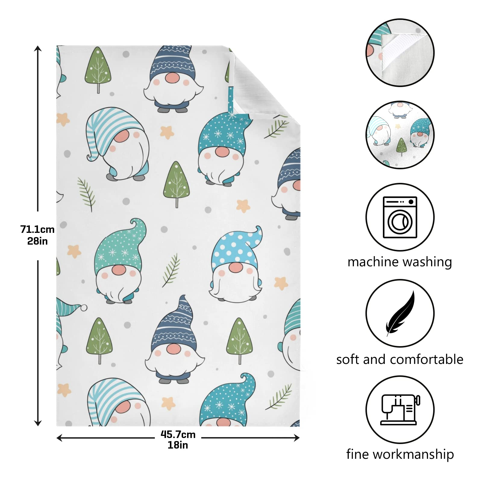 Adorable Christmas Winter Snow Gnomes Kitchen Dish Towels Set of 4 - Polyester Terry Cloth with Green Leaves Design, Hemmed Edges & Hanging Loop - Perfect for Holiday Decor, Dish Drying, Hand Towels & Tea Towels