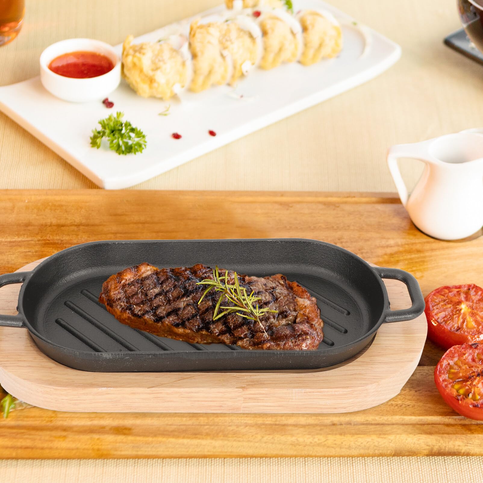 Pre-Seasoned Cast Iron Sizzling Plate with Wooden Base - Steak Platter, Fajita Pan & Japanese Teppanyaki Grill for Restaurants, Home Dining & Outdoor BBQ