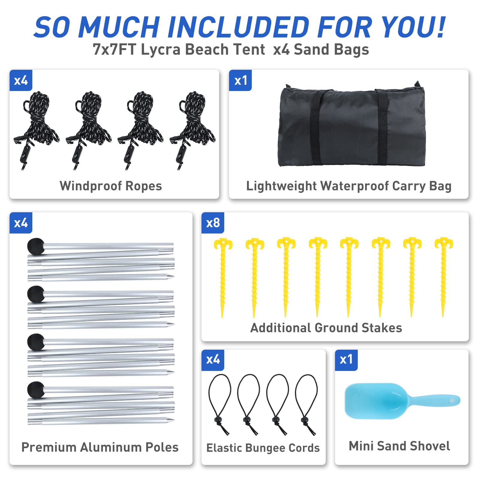 UPF50+ Beach Tent Pop Up Sun Shelter with 4 Stability Poles - Portable Outdoor Canopy for Camping, Picnics & Beach Days (Includes Carry Bag, Ground Pegs, Sand Shovel & Windproof Ropes) - Royal Blue 7×7FT - Perfect for Family Outings, Backyard Relaxation & Summer Adventures