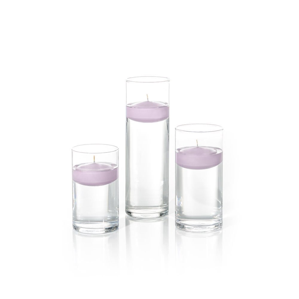 Yummi Set of 18 Floating Candles with Cylinder Vases in Violet - Elegant Wedding Centerpieces, Romantic Dinner Decor, Spa Bath Ambiance