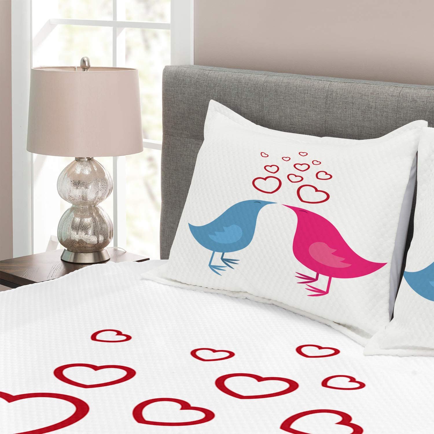 Ambesonne Love Birds & Hearts Bedspread Set - King Size 3 Piece Quilted Coverlet with 2 Pillow Shams, Romantic Beak Bird & Heart Symbol Design on White Hot Pink Blue Background | Perfect for Valentine's Day, Anniversary Gift, Master Bedroom Decor