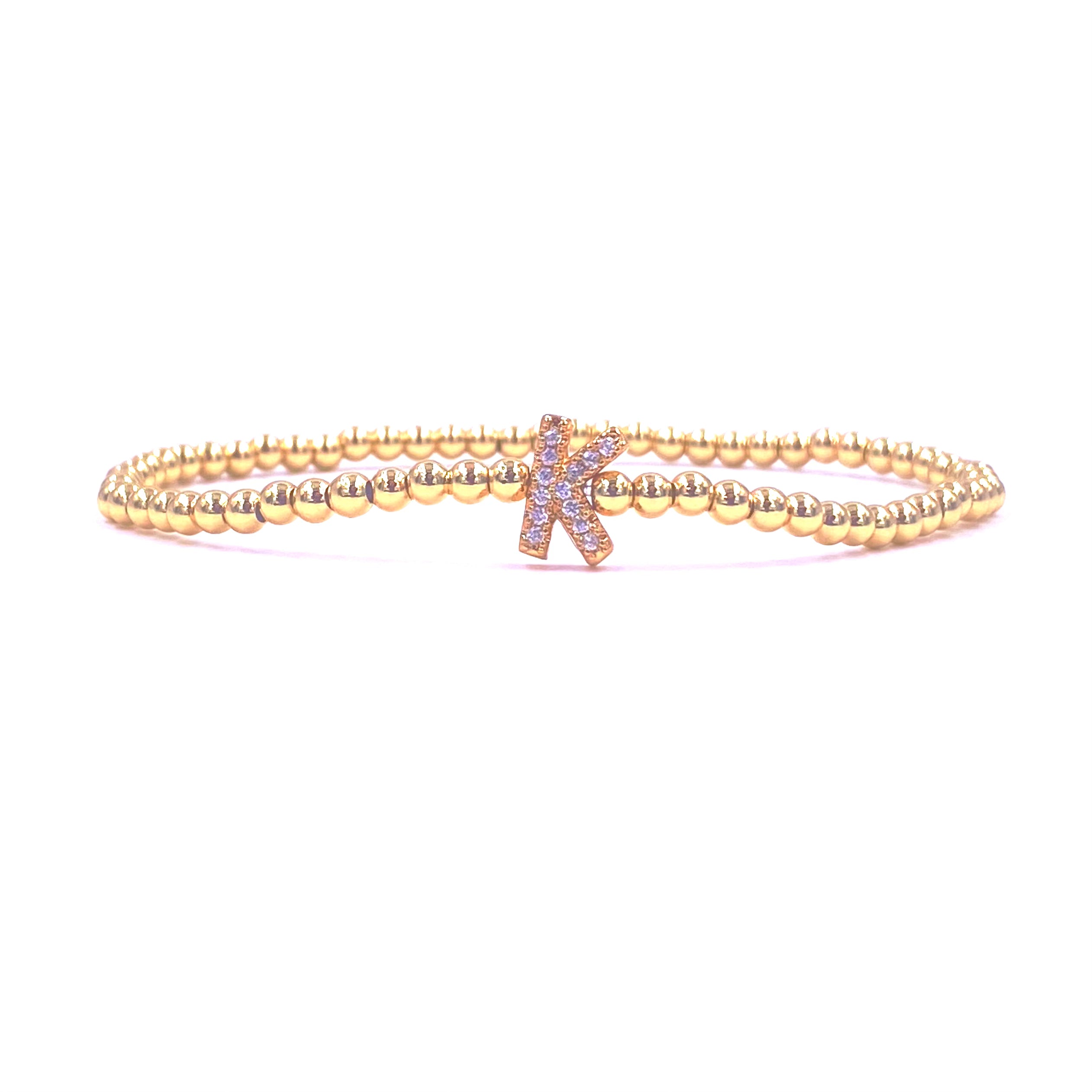 Ashley Gold Stainless Steel Gold Plated CZ Initial Bead Stretch Bracelet for Women - Elegant Beaded Jewelry for Parties, Weddings & Everyday Wear