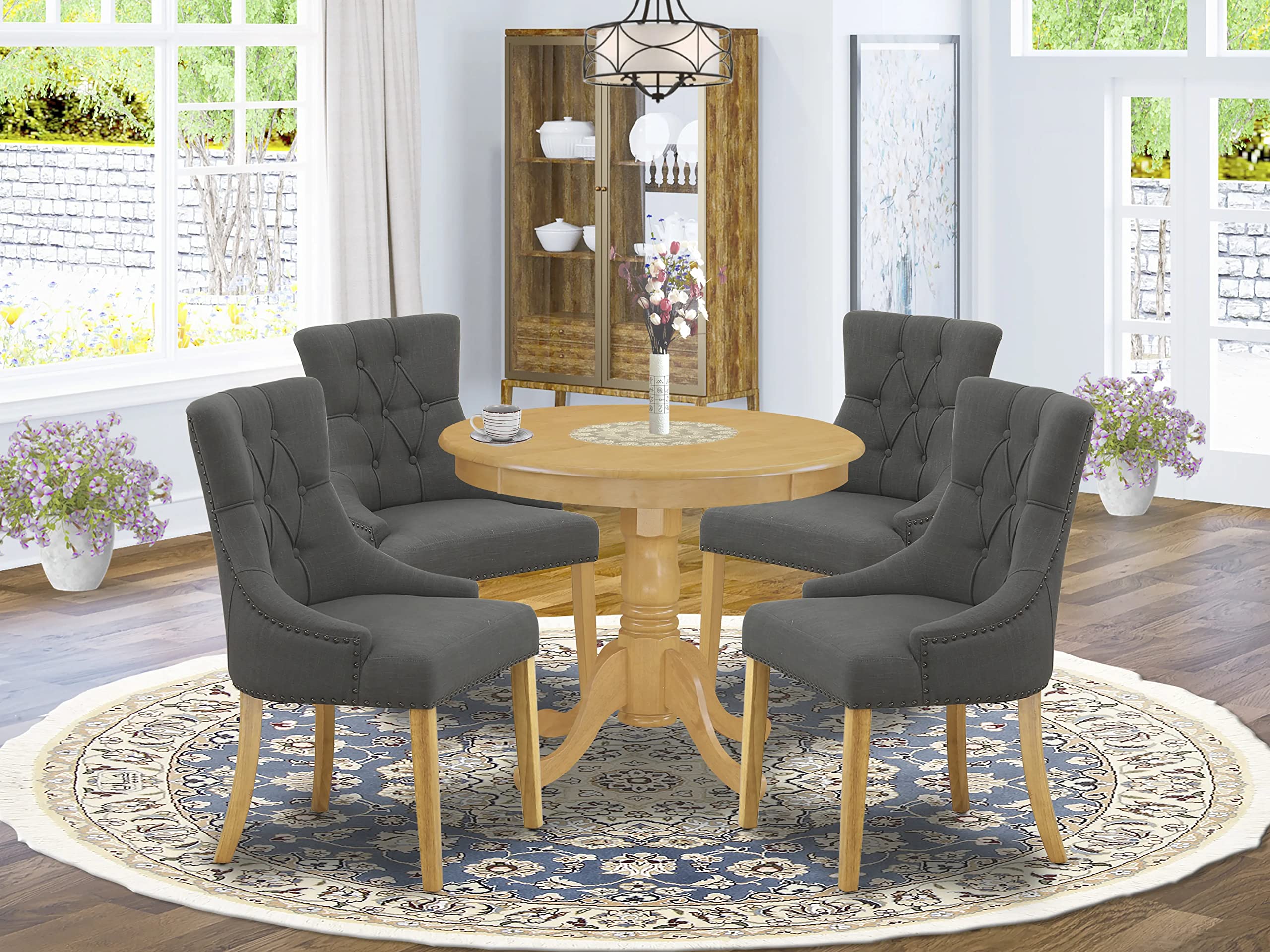 East West Furniture ANFR5-OAK-20 5-Piece Oak Kitchen Dining Set with Table and 4 Chairs - Perfect for Small Spaces, Breakfast Nooks & Cozy Family Meals
