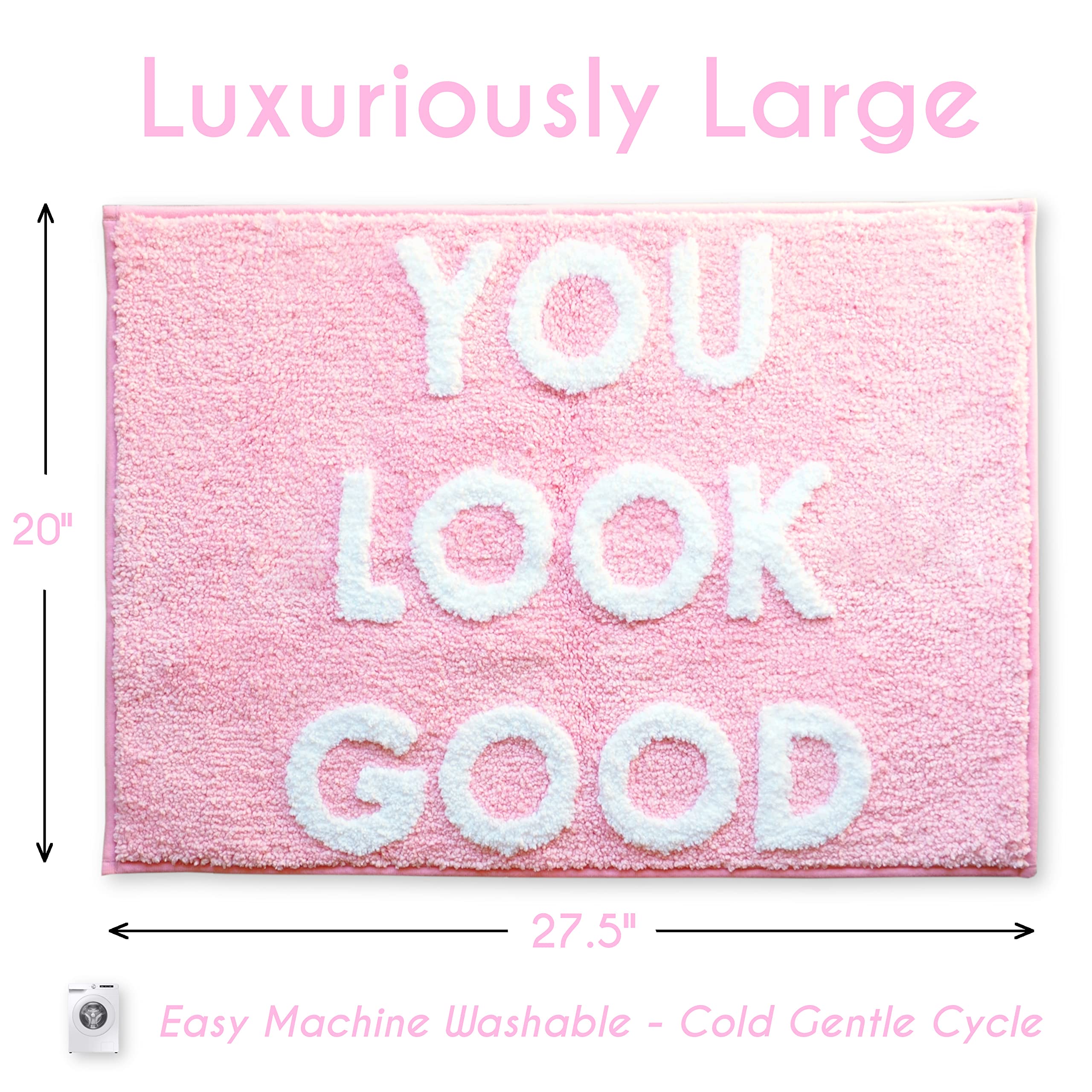 Funny Hello Gorgeous Bath Mat - Non-Slip Washable Bathroom Rug for Women & Girls - Cute Shower Decor in Light Pink & Blush White - Perfect for Bathroom, Vanity & Dorm Room Decor