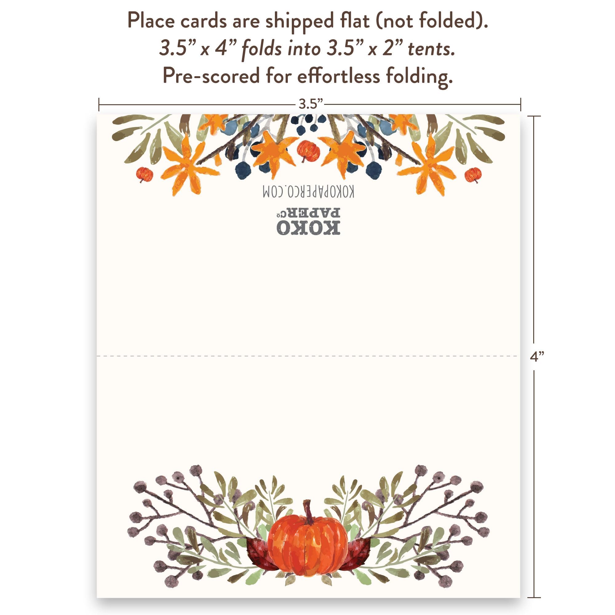 Premium Thanksgiving Table Place Cards with Pumpkin & Fall Leaves Design - 50 Pack Tent Style Name Cards for Holiday Dinner Settings - Handcrafted in USA | Perfect for Autumn Gatherings, Family Feasts & Thanksgiving Decor