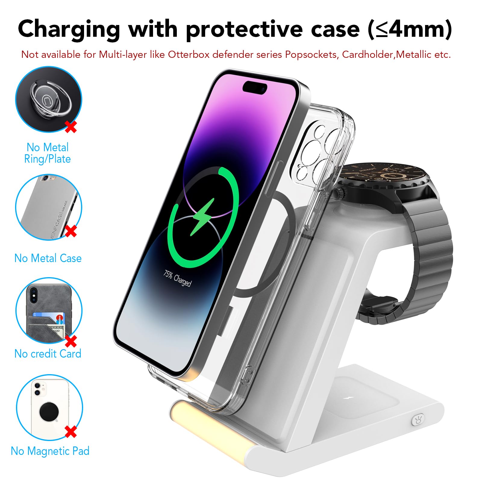 HATALKIN 3-in-1 Wireless Charging Station for Fossil Watch Gen 6/5/5E/4 - Compatible with iPhone 15/14/13/12/11, AirPods & Pixel/Galaxy - Fast Charging Stand for Bedside, Office & Travel