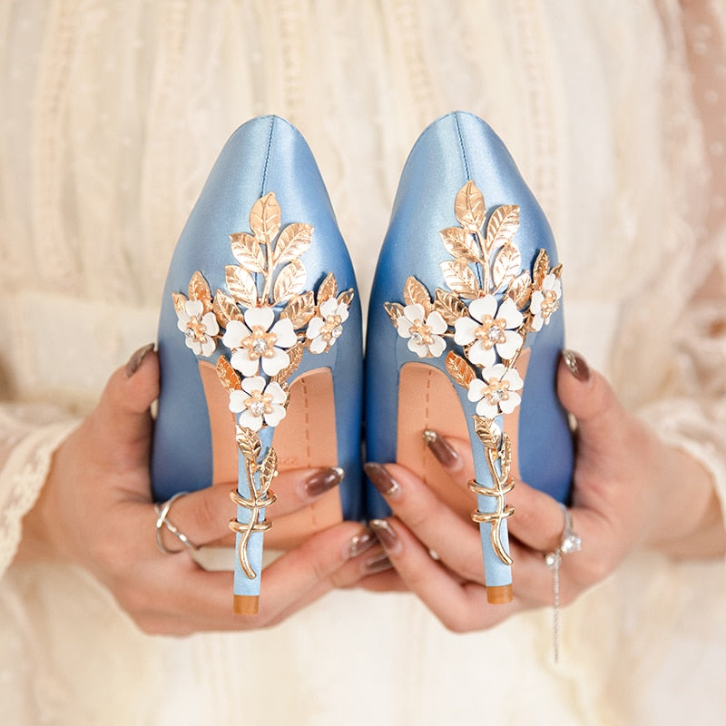 2024 New Women's Designer High Heel Pumps - 10cm Stiletto Metal Flower Satin Wedding Shoes for Women, Plus Size 41 | Perfect for Bridal, Evening Parties & Special Occasions