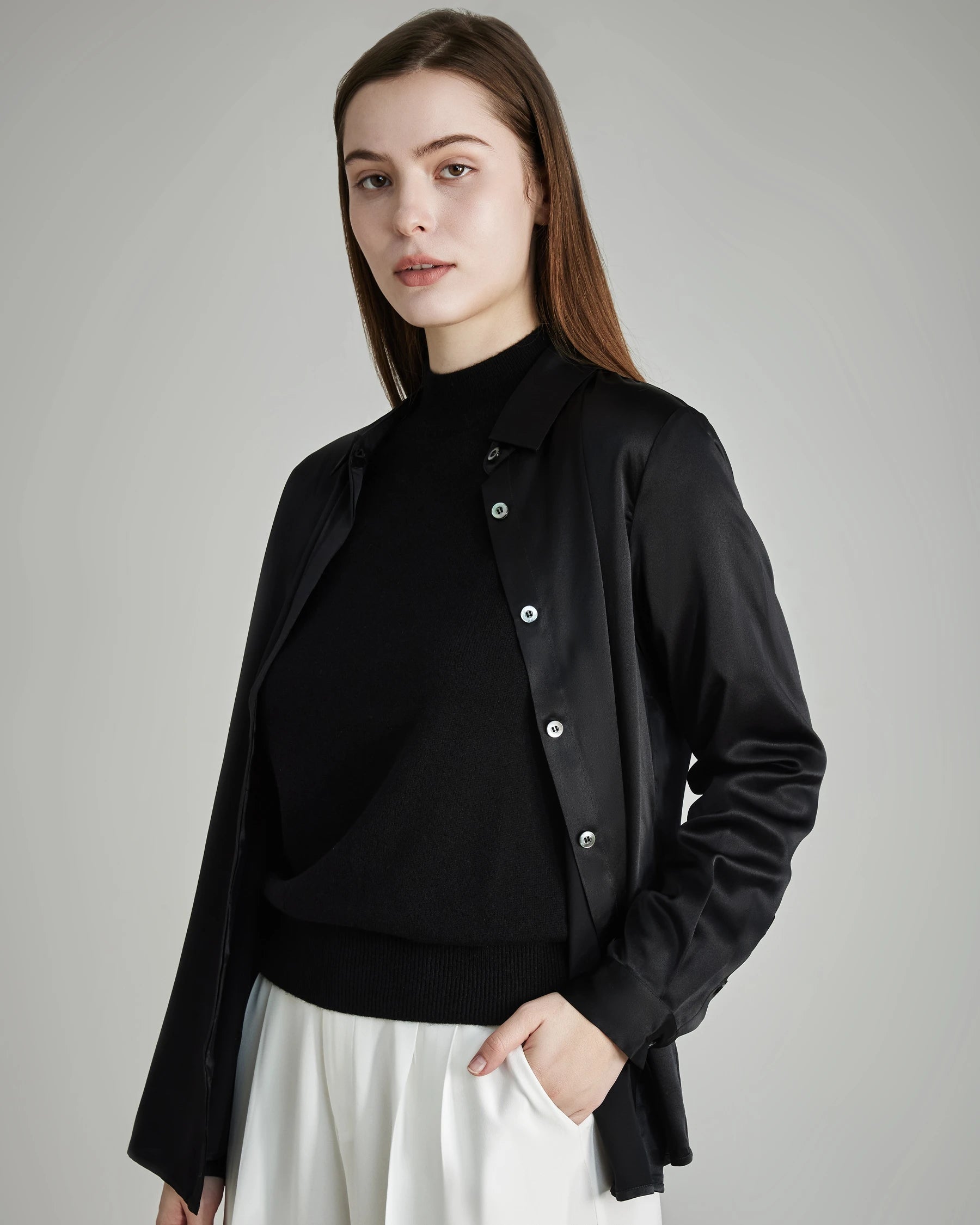 Women's Basic Concealed Silk Shirt - Soft & Breathable Blouse for Work, Office & Formal Occasions | Elegant Layering Piece for Professional Wardrobe
