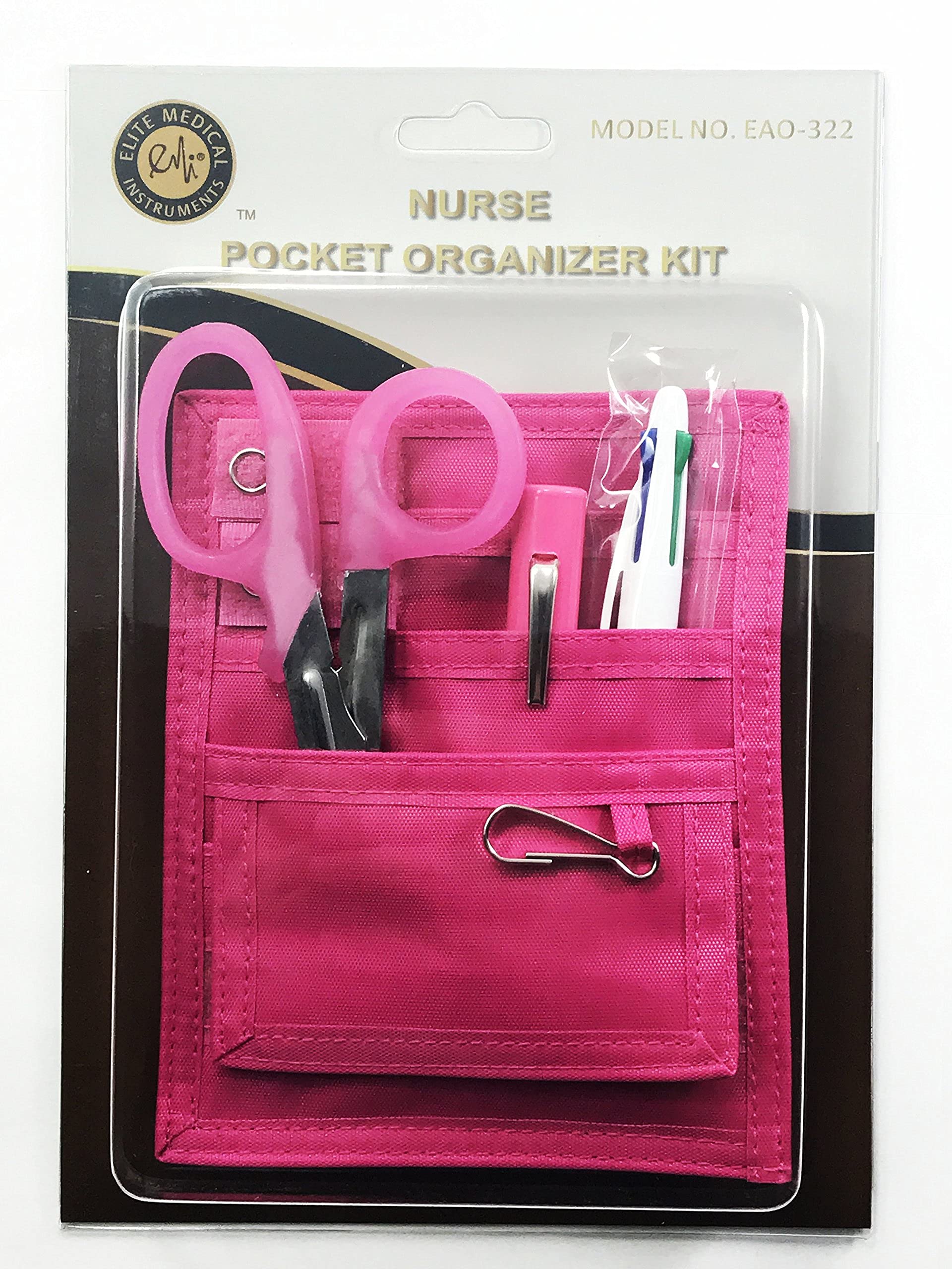 EMI Nurse Pocket Organizer 4-Piece Set - Medical Scissors, LED Pen Light, Chart Marker & Organizer Pouch (Pink) | Perfect for Nurses, Doctors & Healthcare Professionals On-The-Go