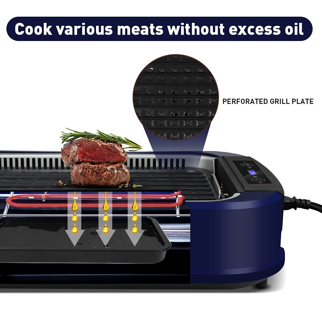 CUSIMAX 1500W Electric Smokeless Indoor Grill with Tempered Glass Lid - Nonstick Flat Top Griddle & Pancake Maker, Dishwasher Safe, Blue - Perfect for Healthy Cooking, Breakfast, Burgers & Family BBQs