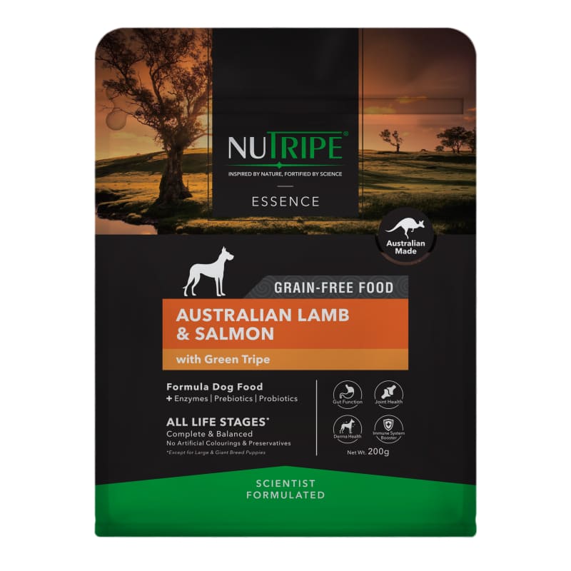 Premium Nutripe Essence Australian Lamb & Salmon Dry Dog Food with Green Tripe - 200g Trial Bag for Small & Medium Breeds | High Protein Grain-Free Kibble for Digestive Health & Shiny Coat | Perfect for Training Treats & Travel Snacks