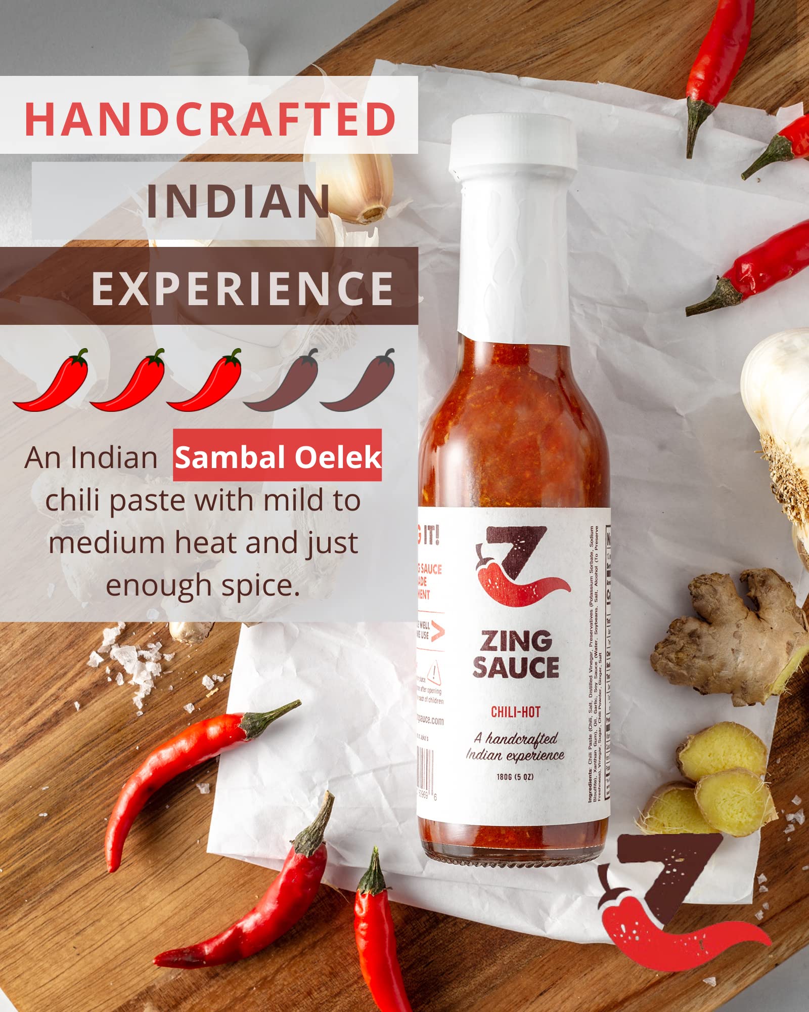 Zing Hot Sambal Oelek Chili Garlic Sauce - Spicy Chili Crisp Indian Sauce (5 oz) | Vegan Red Asian Chili Paste for Marinades, Stir-Fry, Noodles & Dipping | Perfect for Asian Cuisine, BBQ & Cooking
