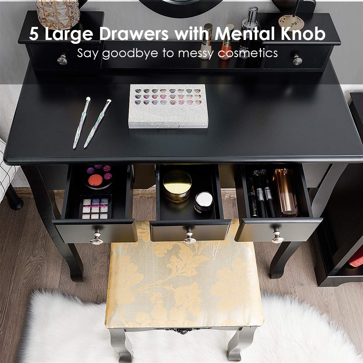 CHARMAID Vanity Table Set with Rotatable Oval Mirror & 5 Drawers - Makeup Dressing Table with Cushioned Stool for Women & Girls, Bedroom Furniture (Black) | Perfect for Small Spaces, Cosmetics Organization & Glam Room Decor