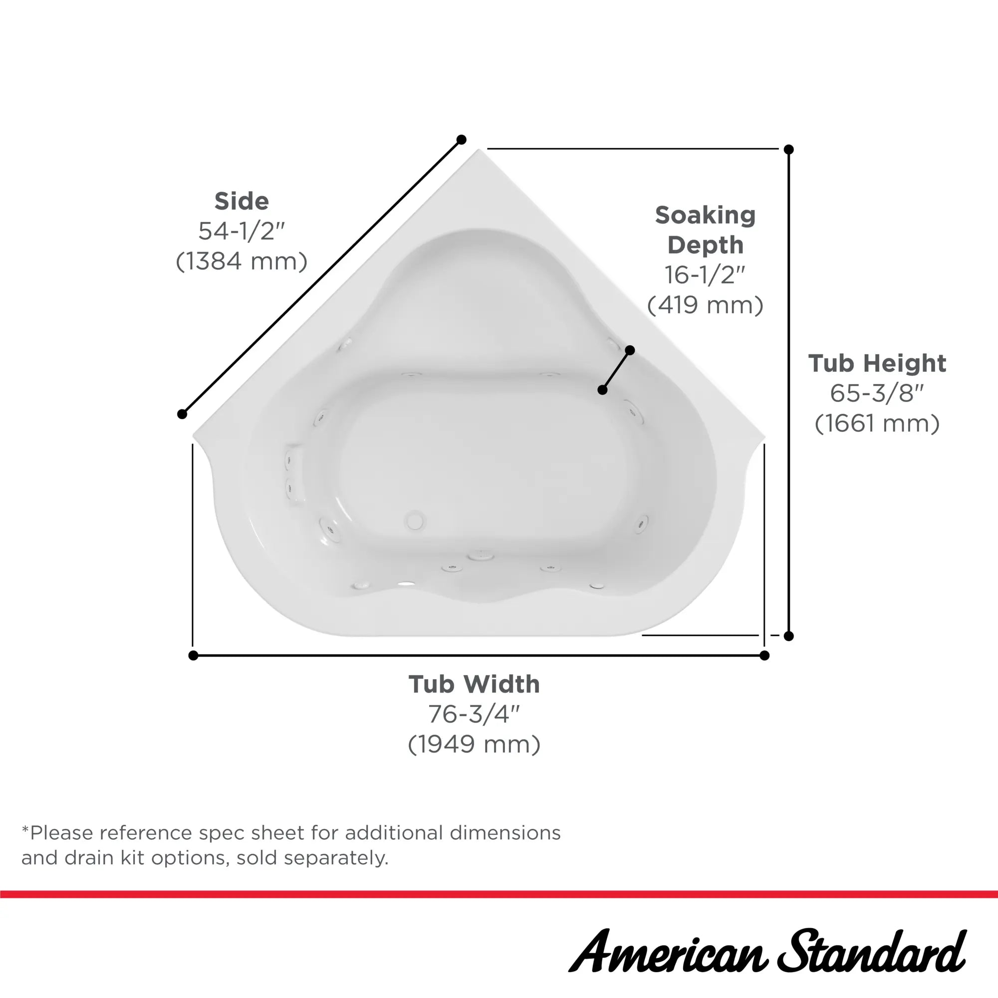 EverClean 60 x 60 Inch Corner Whirlpool Bathtub - Large Acrylic Soaking Spa Tub with Hydrotherapy Jets for Relaxation & Muscle Relief - Perfect for Master Bathroom or Luxury Home Spa Retreat