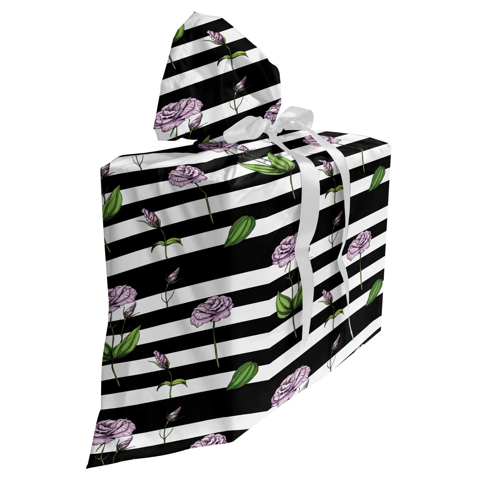 Ambesonne Rose Gift Bag - Pink Floral Design with Black & White Stripes, Fabric Party Favor Pouch with 3 Ribbons (27