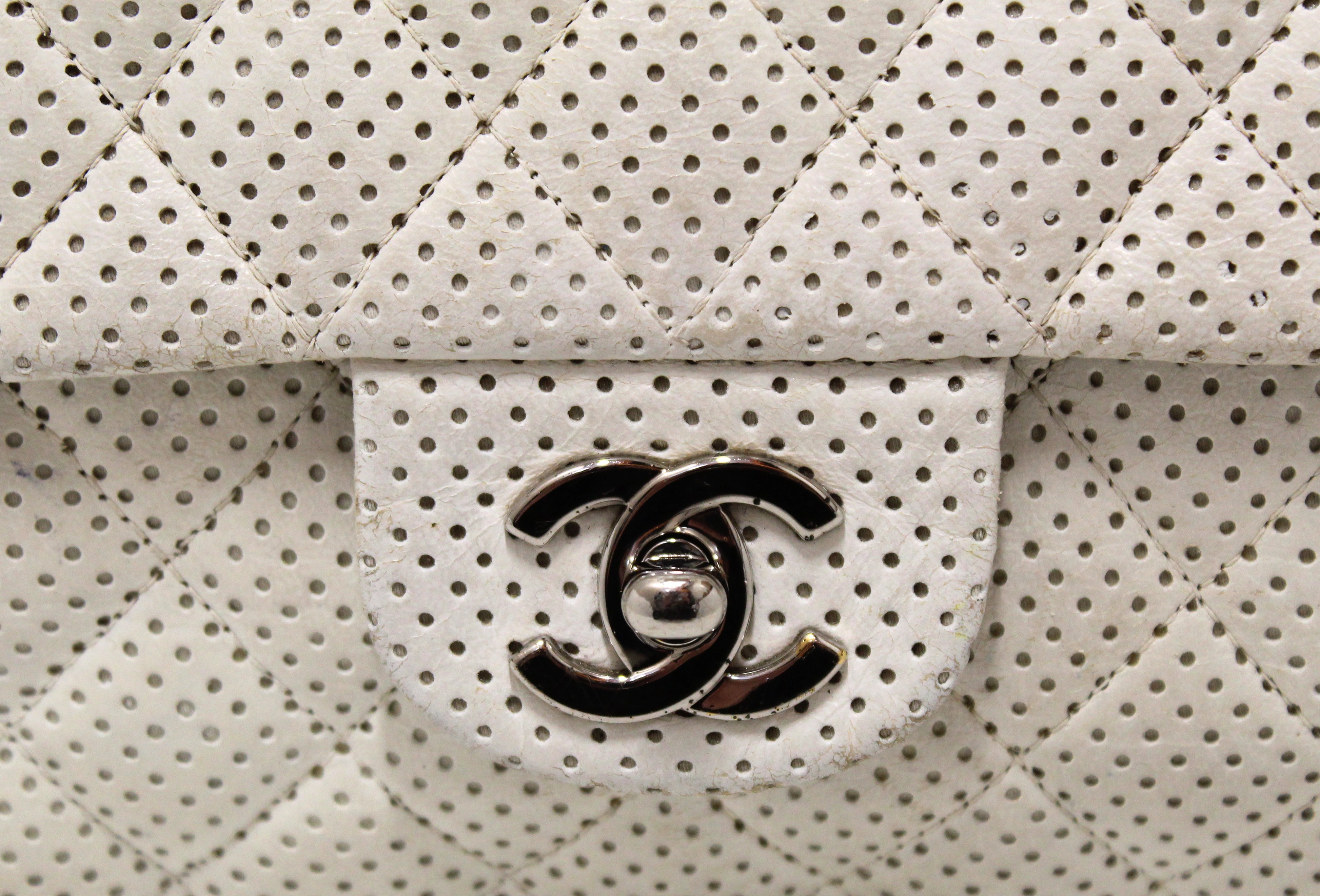 Authentic Chanel Quilted Perforated White Lambskin East West Flap Shoulder Bag - Luxury Designer Handbag for Women, Perfect for Parties, Weddings & Everyday Elegance