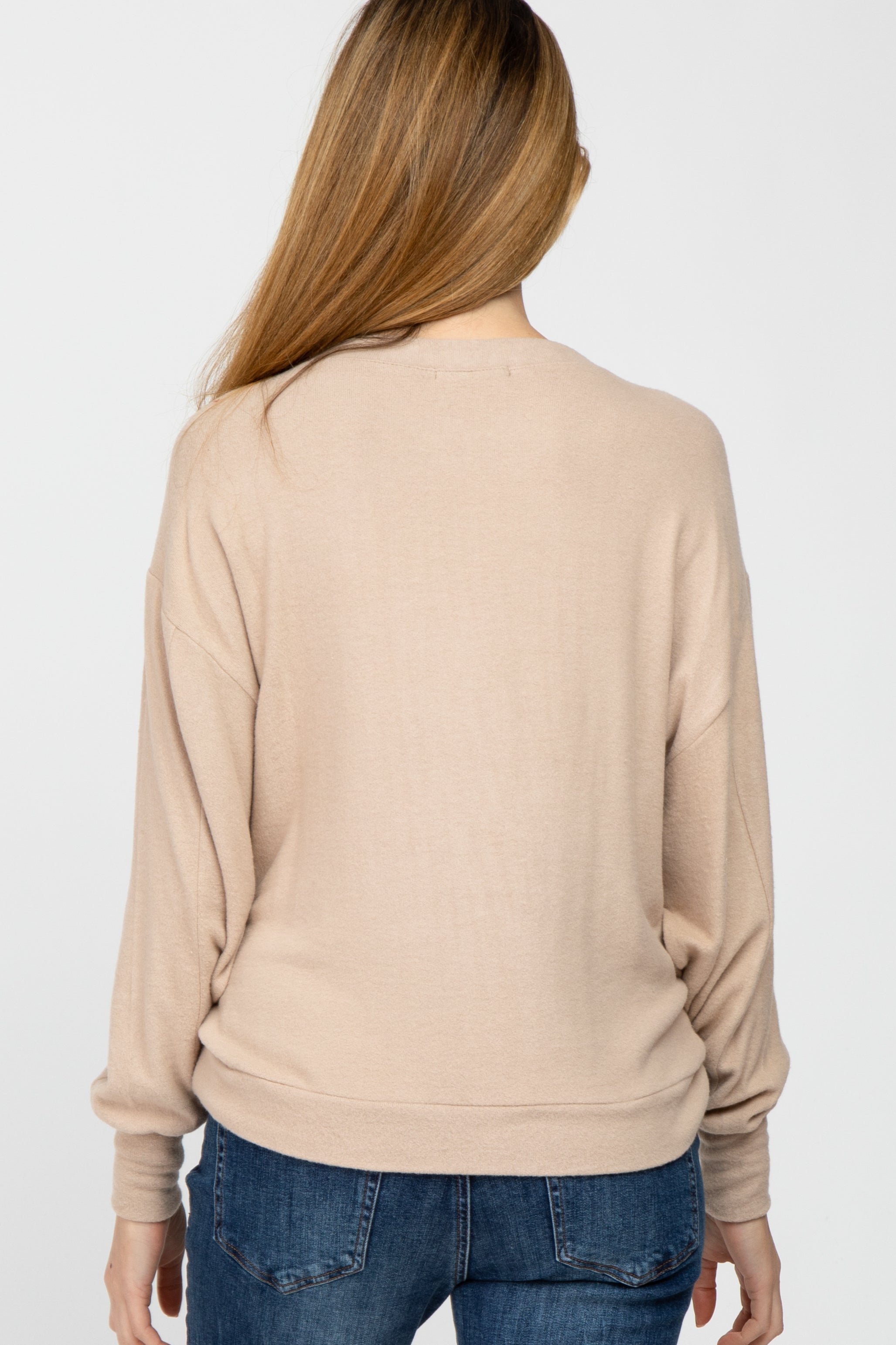 Beige Dolman Sleeve Brushed Knit Maternity Top - Soft Stretchy Pregnancy Shirt for Women - Perfect for Casual Wear, Nursing & Maternity Photos