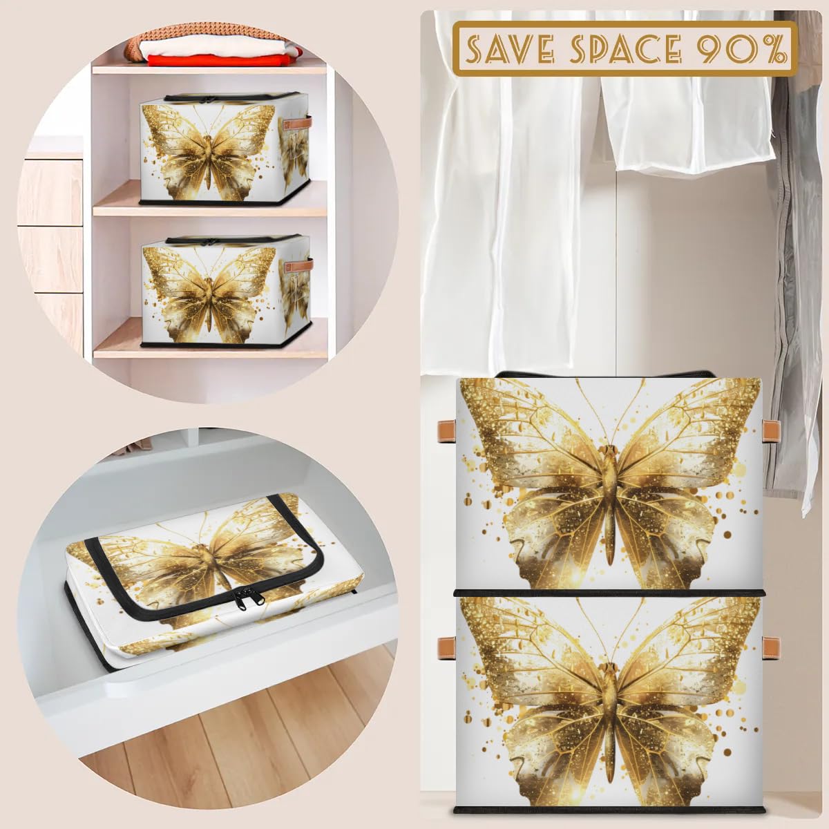 Gold Butterfly Storage Boxes with Sturdy Handles & Zipper Lid - 2 Pack Organizer Bins for Clothing, Toys, and Home Organization | Perfect for Bedroom, Closet, and Kids Room Storage