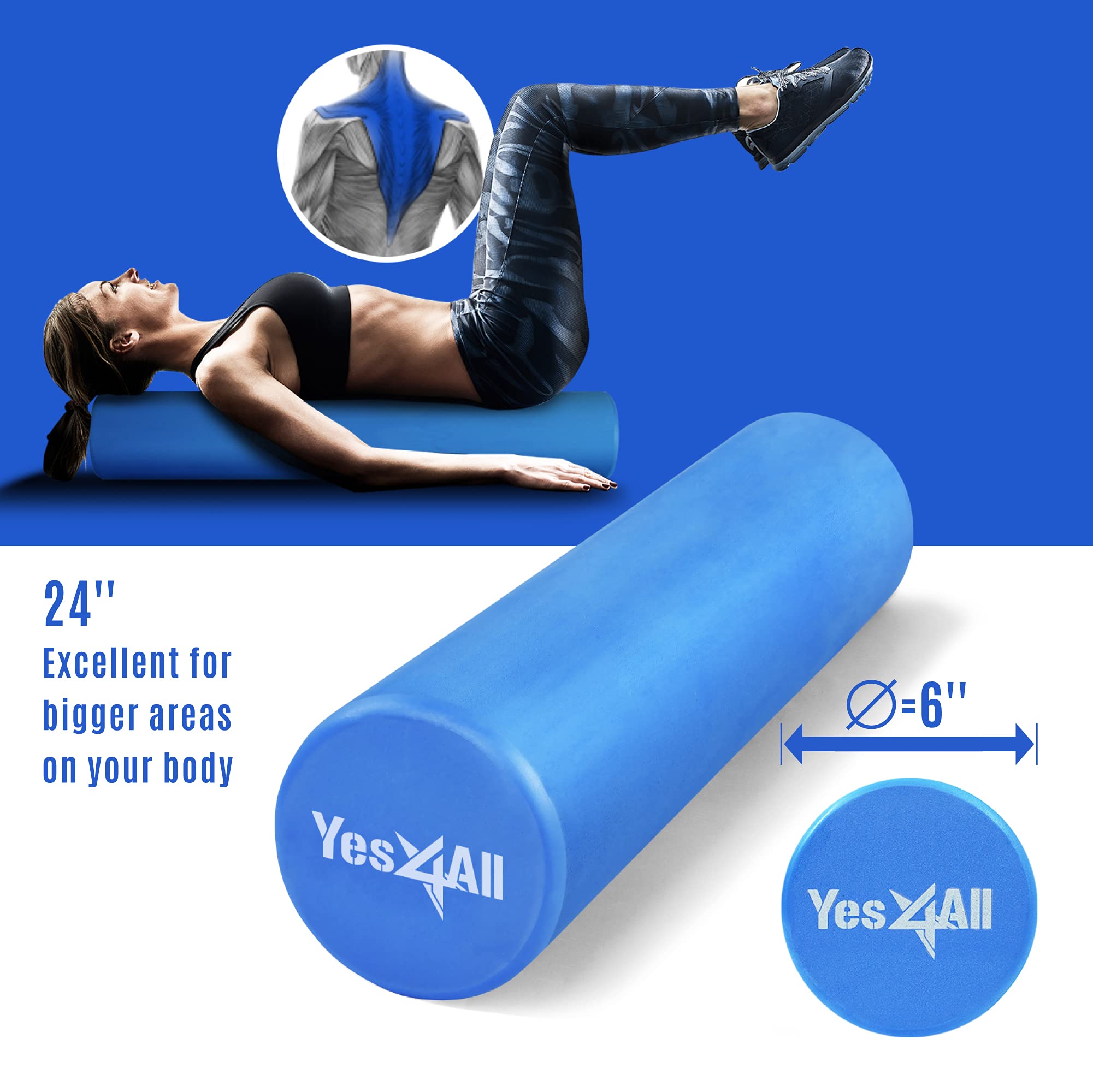 Yes4All EVA Medium Density Foam Roller for Back Pain Relief & Muscle Recovery - 12/18/24/36 Inch Round Yoga Roller for Exercise, Stretching, Pilates & Physical Therapy - Perfect for Home Gym, Workout & Sports Recovery