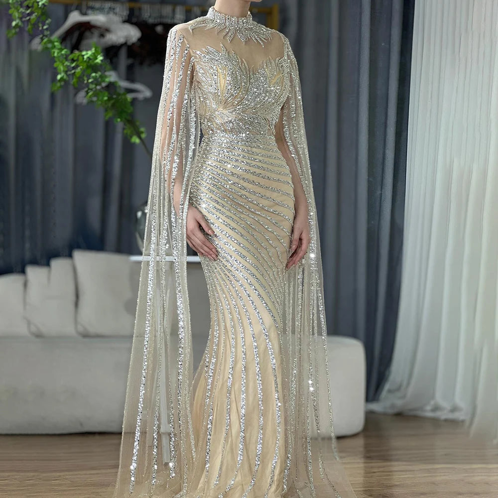 Luxury Dubai Arabic Nude Mermaid Cape Sleeves Lace Beaded Long Evening Dress Gown for Formal Occasions - Perfect for Weddings, Galas & Red Carpet Events LA71885B