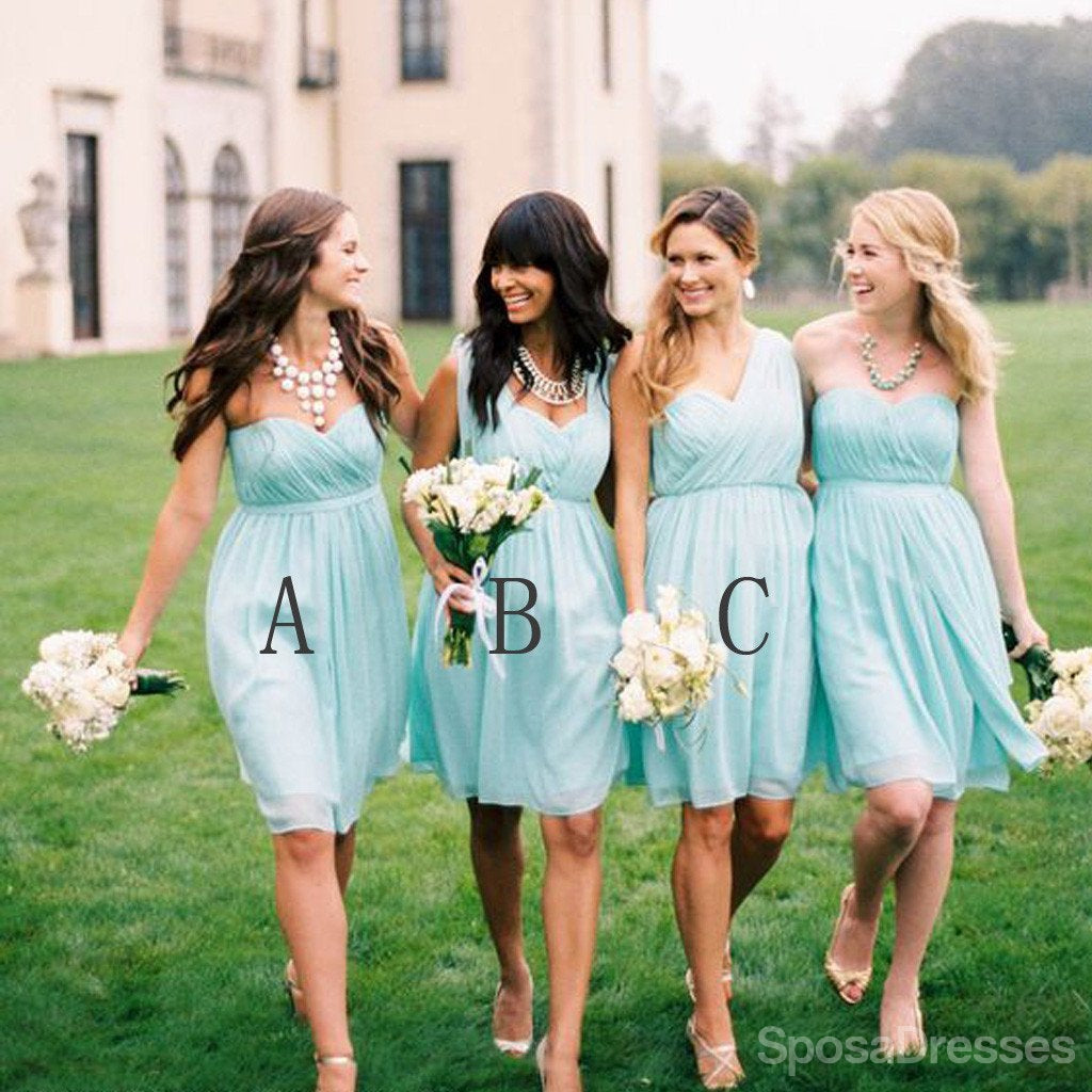 Elegant Chiffon Mismatched Knee-Length Blue Bridesmaid Dresses for Juniors - Affordable Wedding Party Attire - Perfect for Beach Weddings, Formal Events & Bridal Showers